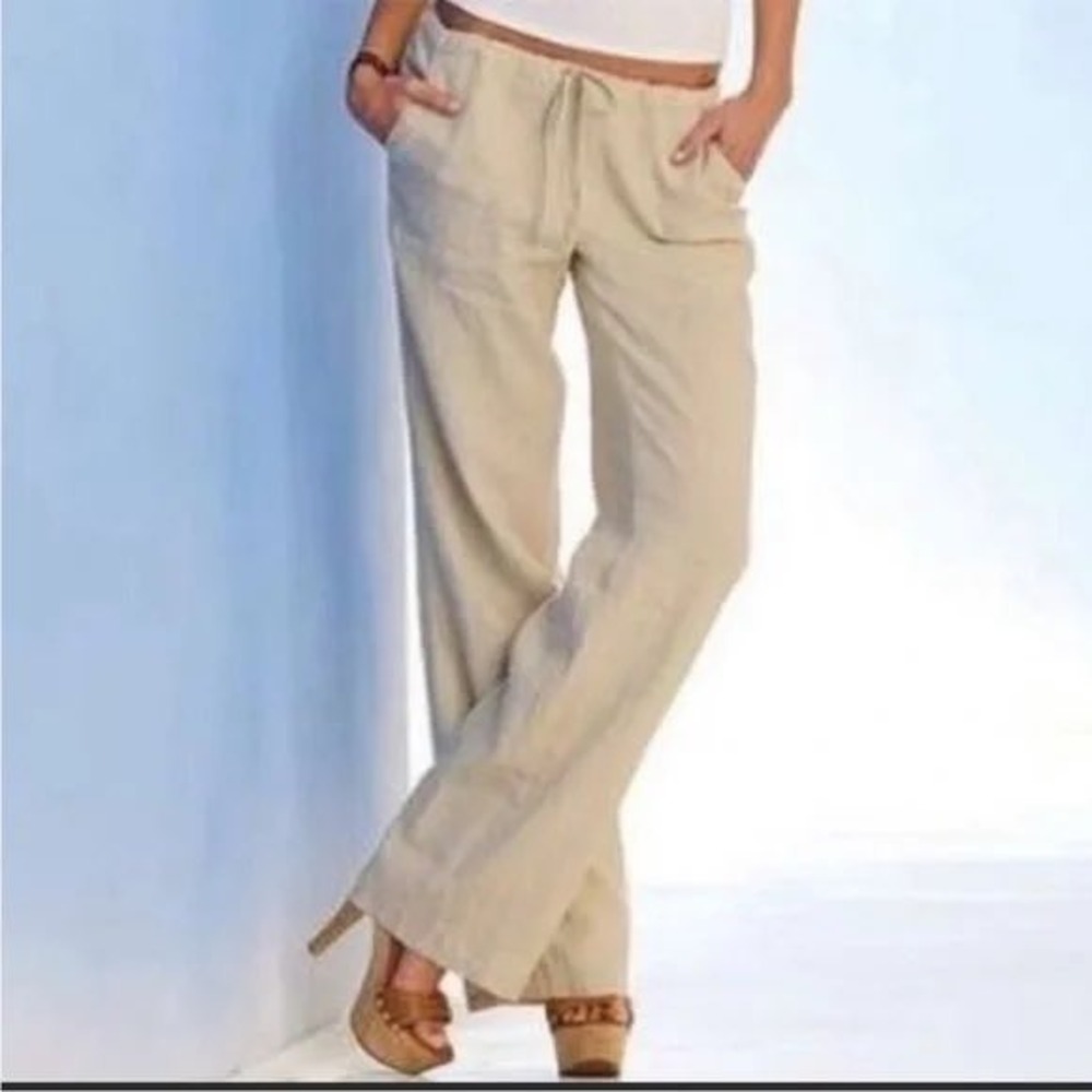 London Jean Womens 100% Linen Wide Leg Drawstring Pants Oatmeal S‎ Boho Beach
